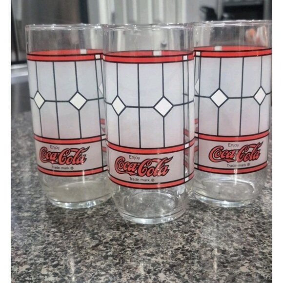Set of 3 Vintage Coca-Cola Coke Drinking Glasses Tiffany Style Frosted - Picture 1 of 7